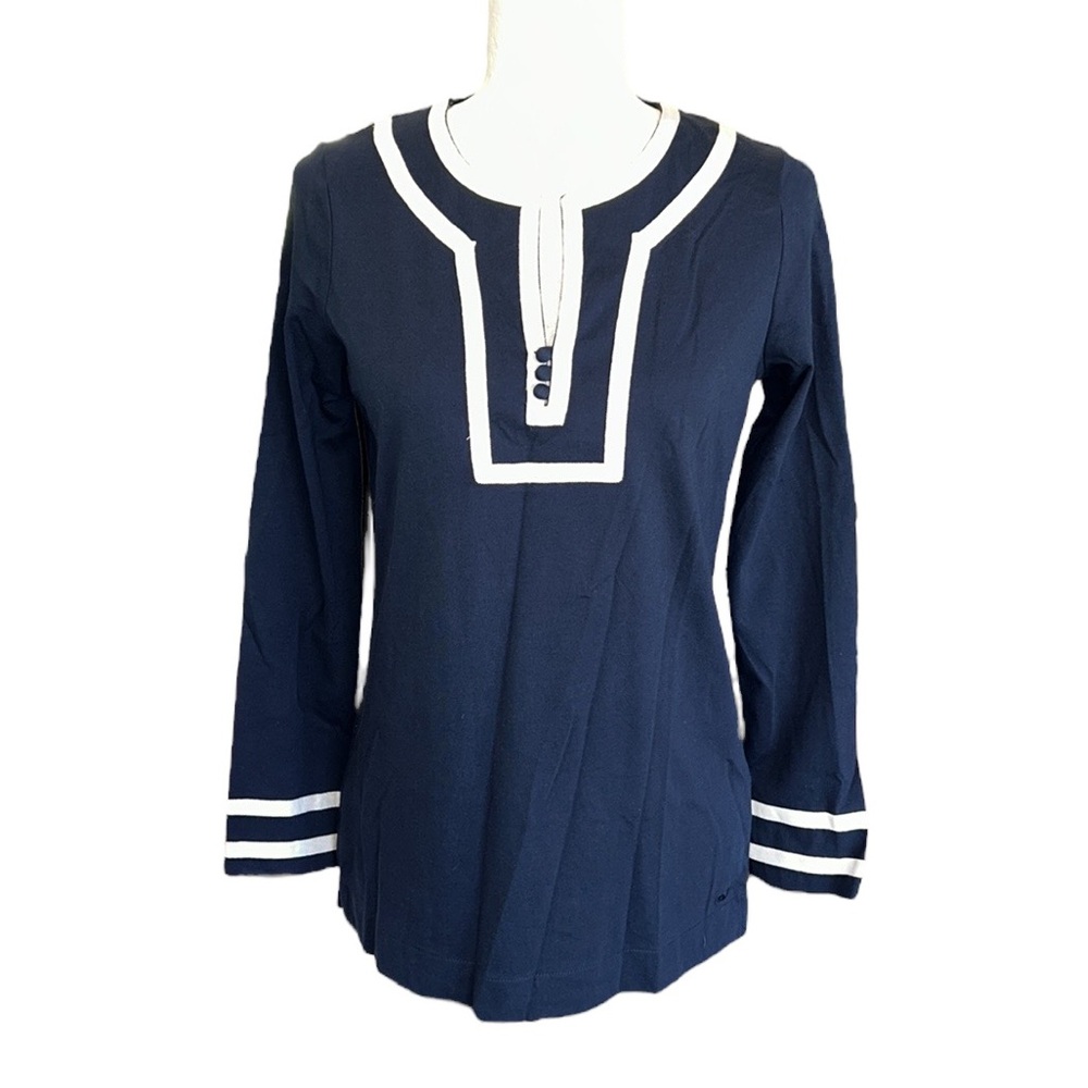 NWT Vineyard Vines Origami Navy Blue & Off White Ribbon Trim Knit Tunic Top - XS